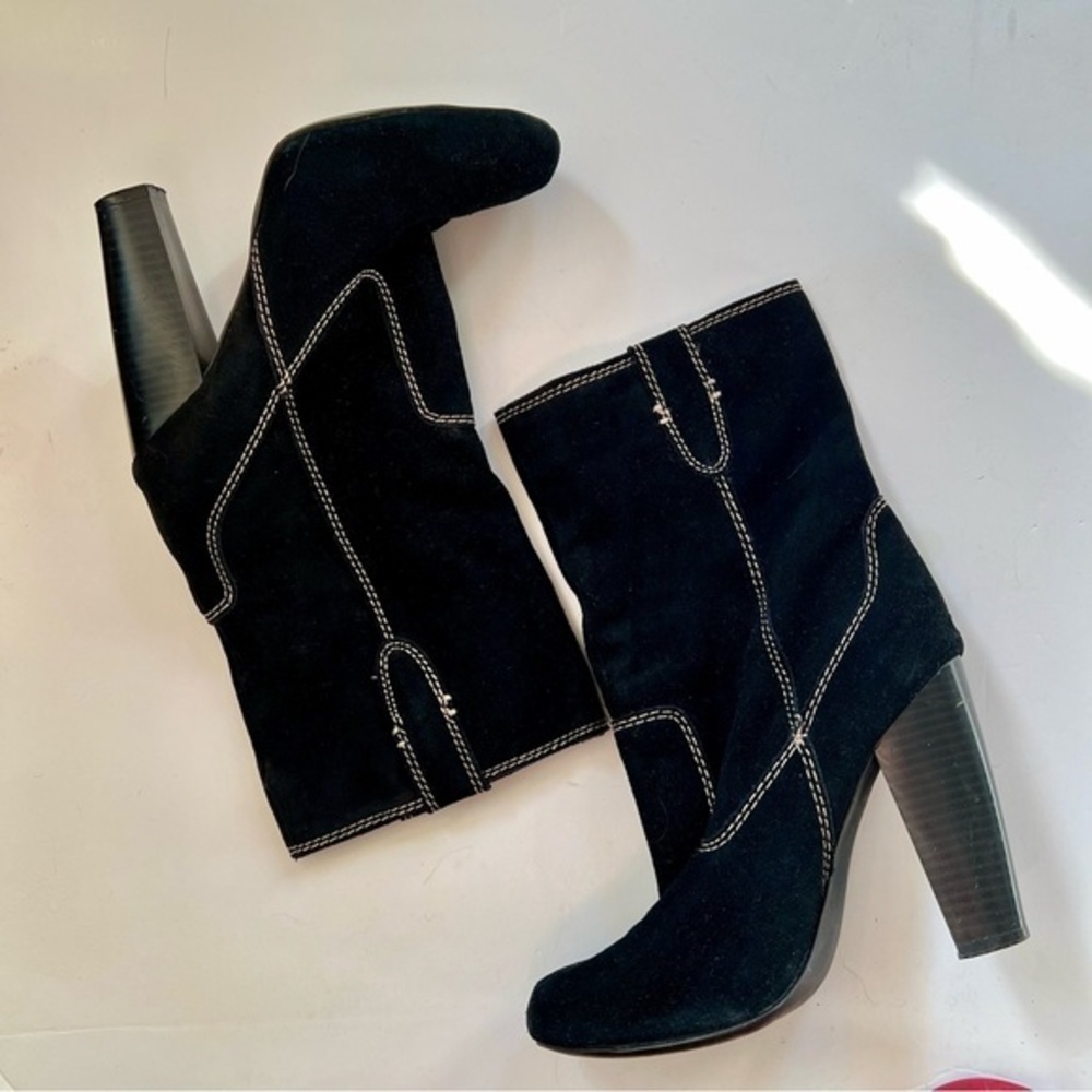 Mia Suede Leather Ankle Stacked Heel Black Exposed Stitch Heeled Boots